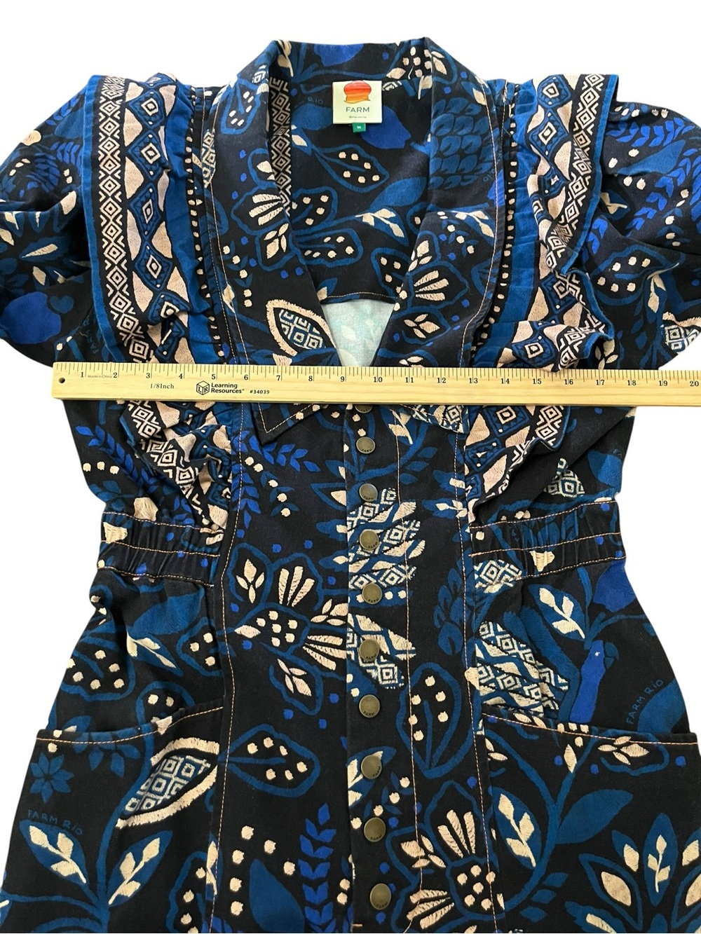 FARM Rio Macaw Forest Tropical Cotton Jumpsuit Black Blue Medium Anthropologie - Picture 12 of 16